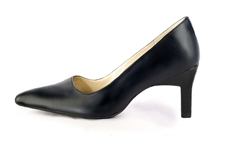 Satin black women's dress pumps,with a square neckline. Tapered toe. High comma heels. Profile view - Florence KOOIJMAN